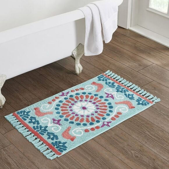 🦋 New Pioneer Woman Mazie Medallion Tassel Mint Cotton Bath Rug, 20" x 32" - Picture 4 of 7
